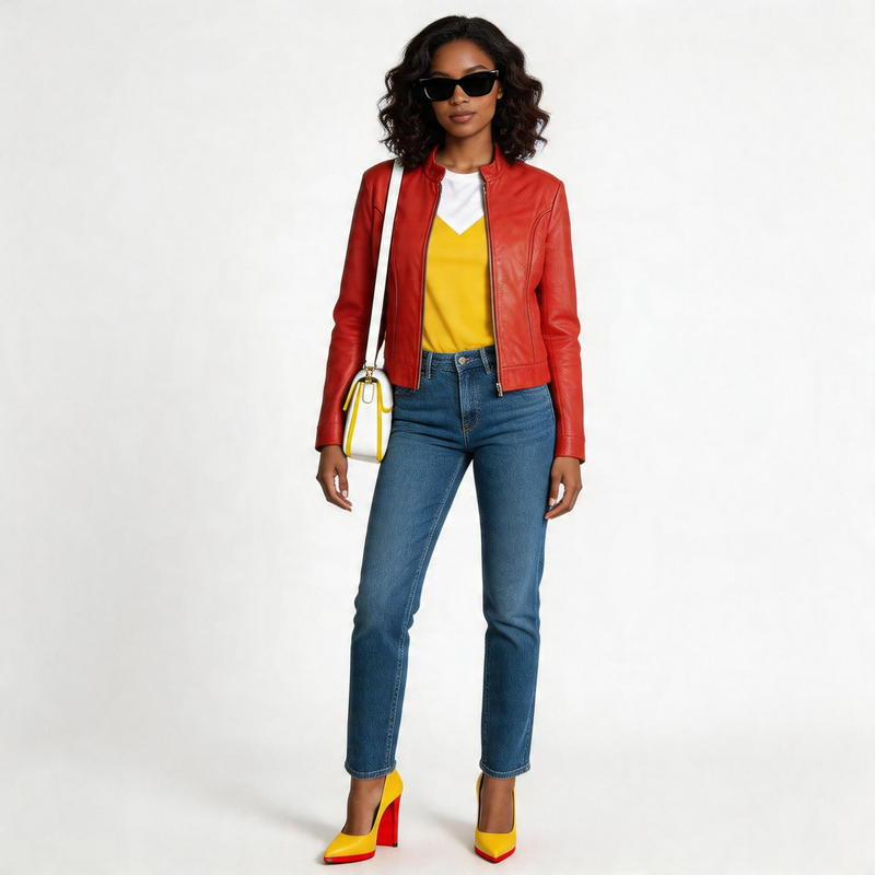 Ladies red leather jacket.