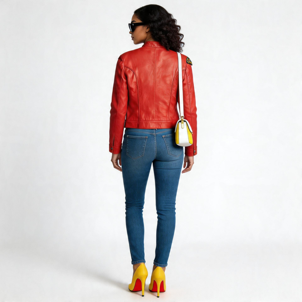 Ladies red leather jacket.