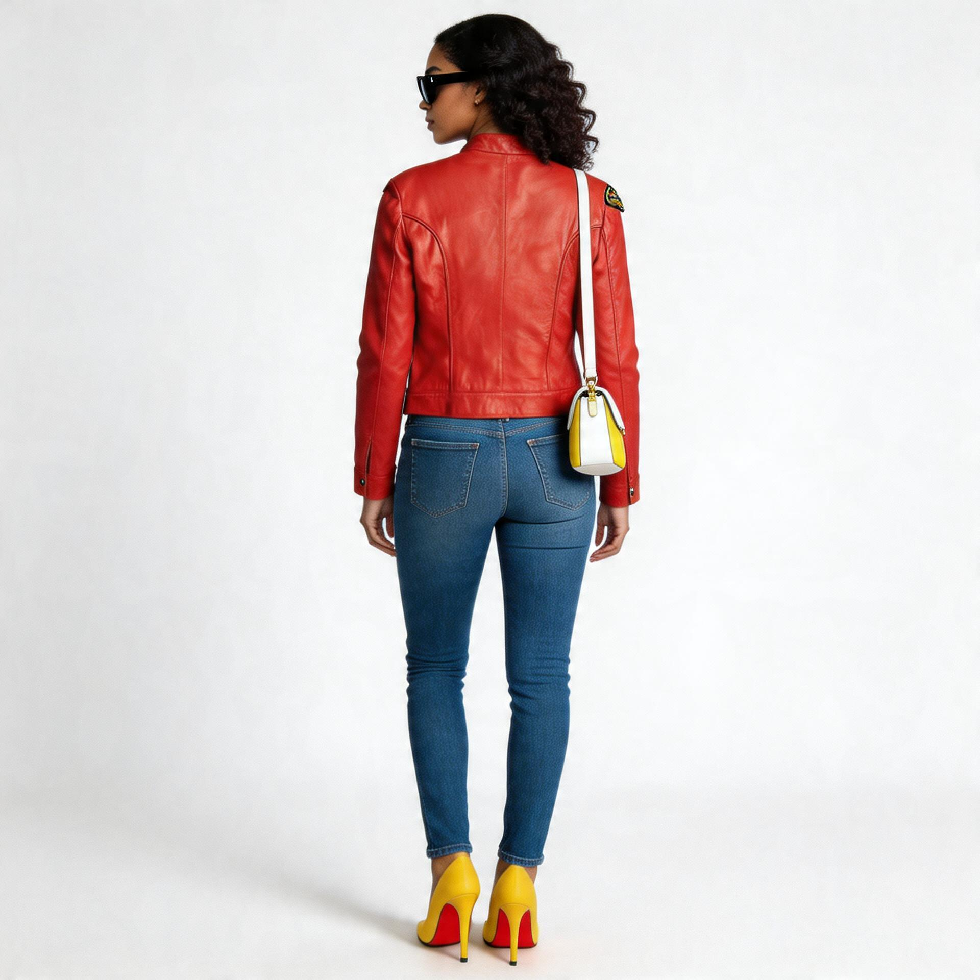 Ladies red leather jacket.
