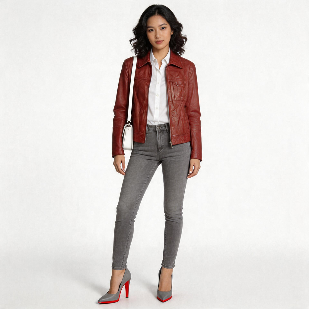 Ladies red leather jacket.