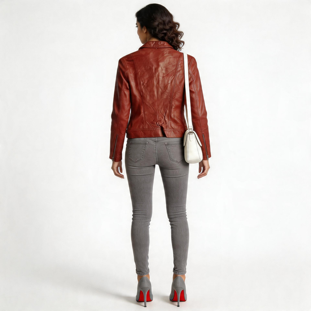 Ladies red leather jacket.