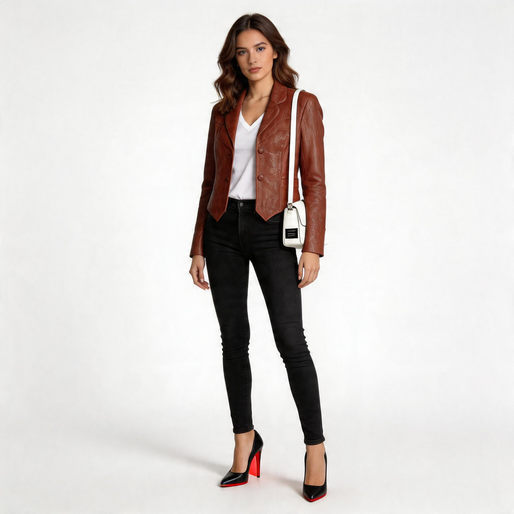 Ladies red leather jacket.