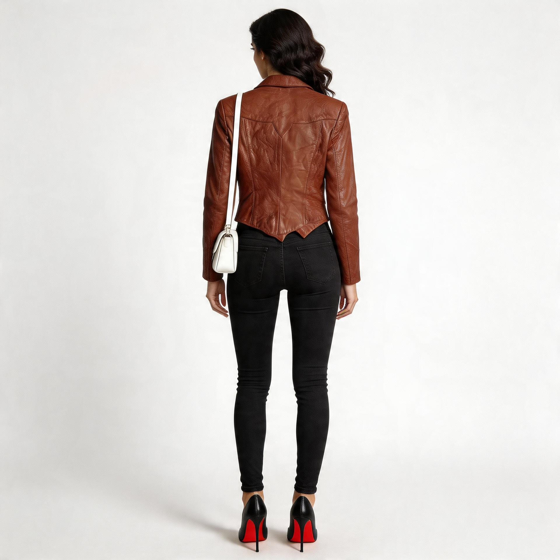 Ladies red leather jacket.
