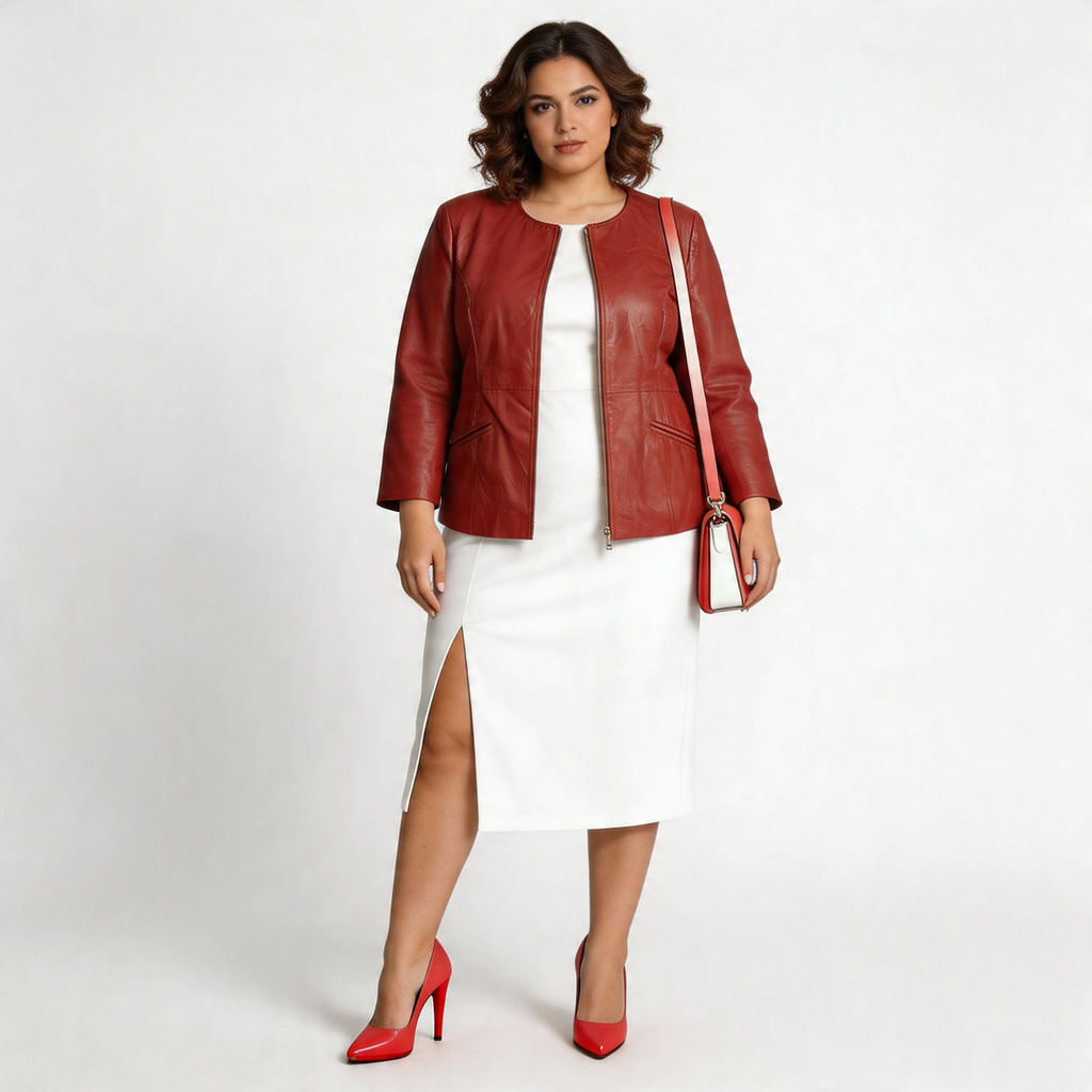 Ladies red leather jacket.