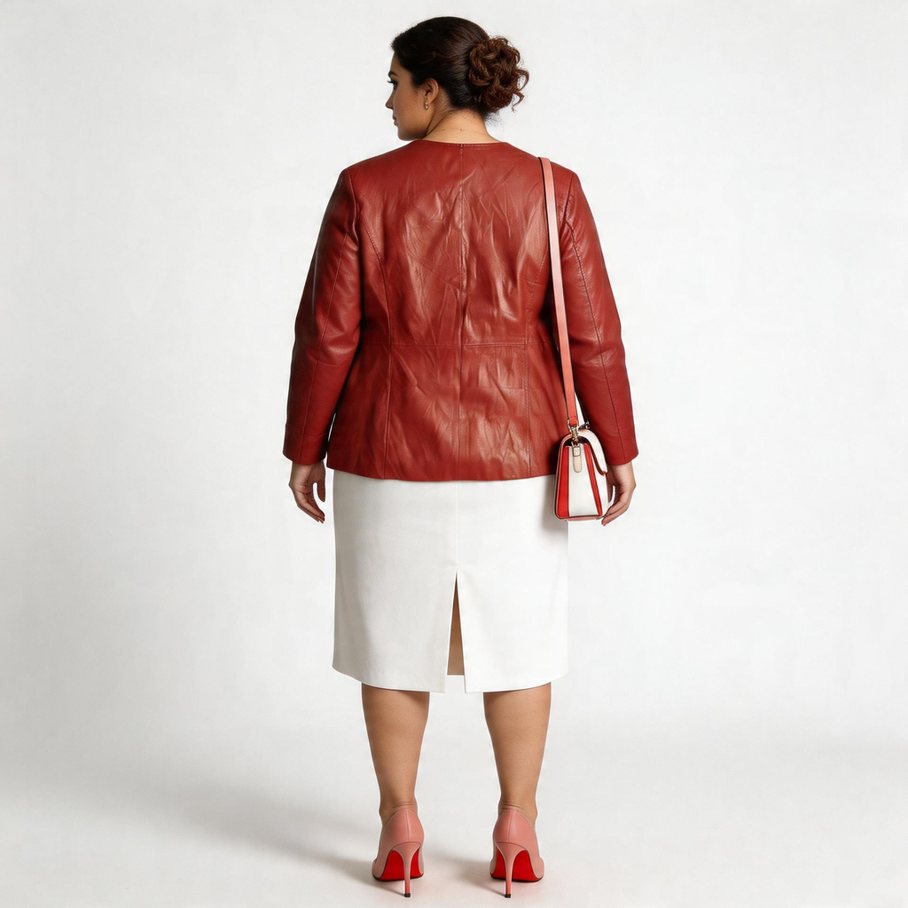 Ladies red leather jacket.