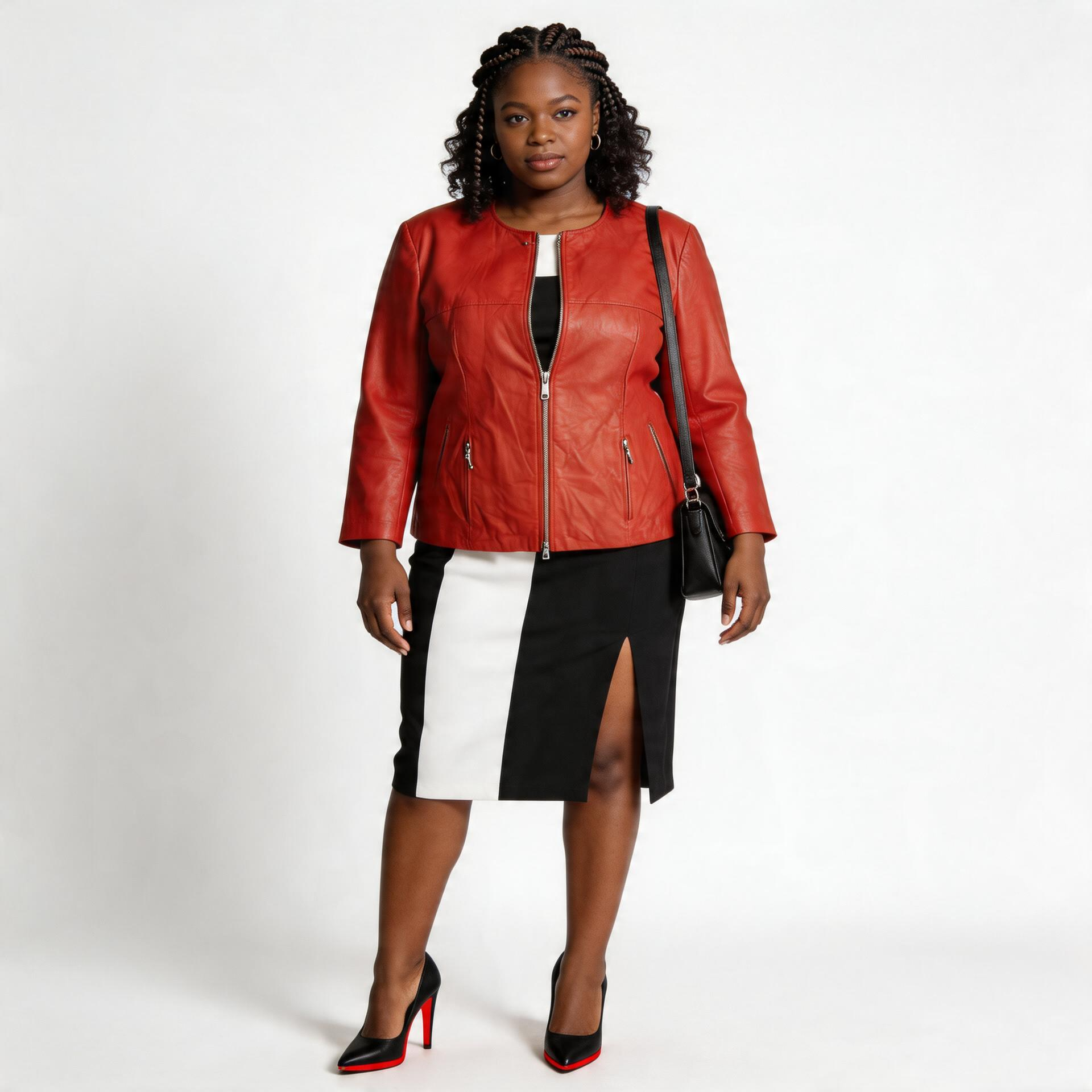 Ladies red leather jacket.