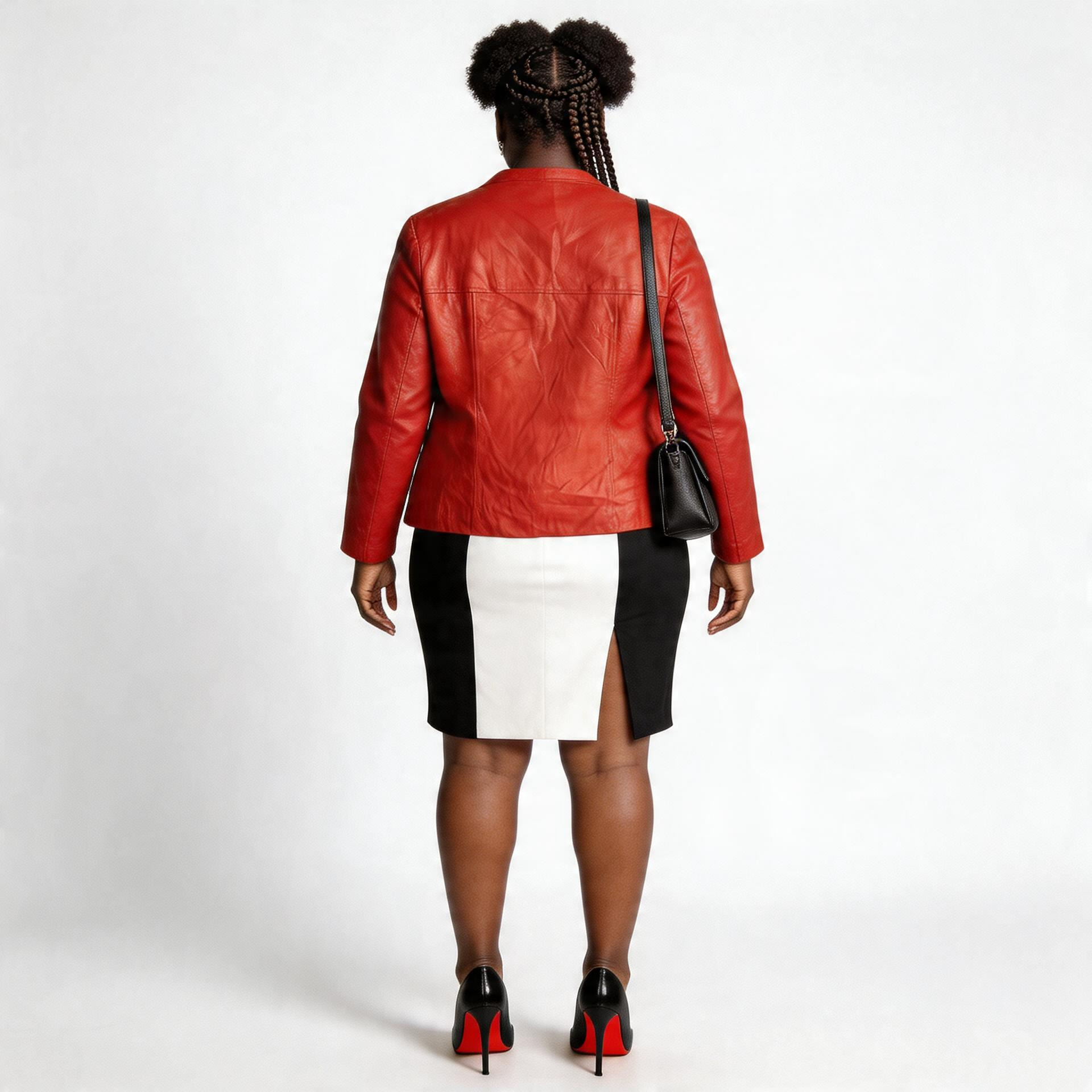 Ladies red leather jacket.