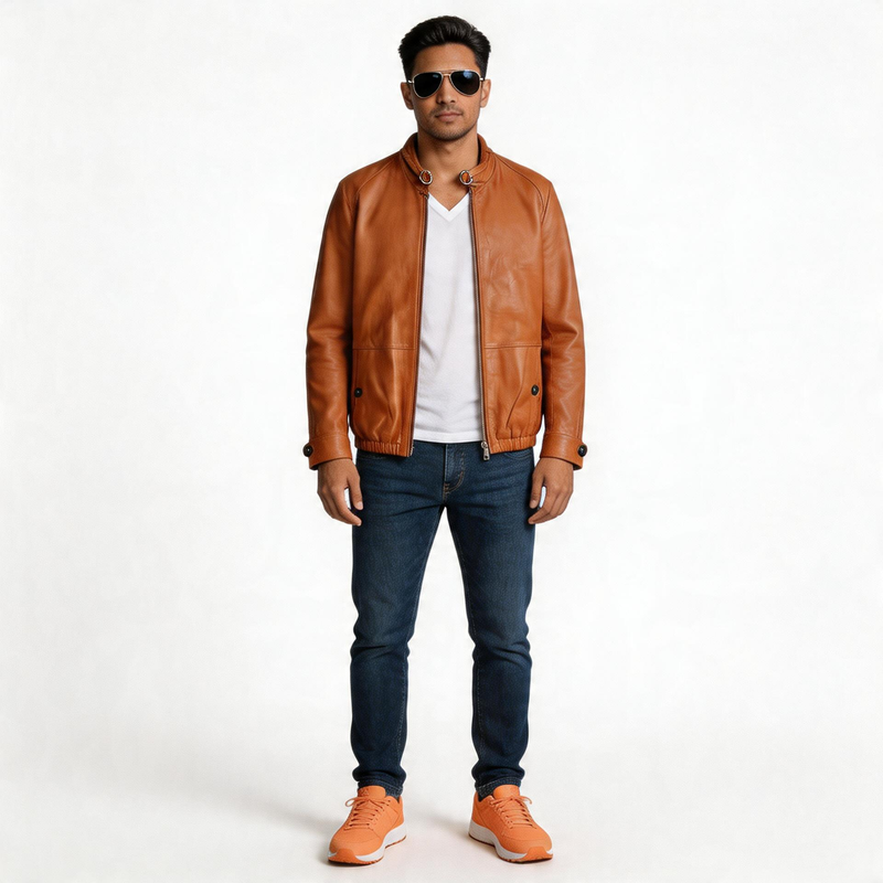 Orange leather jacket for man.