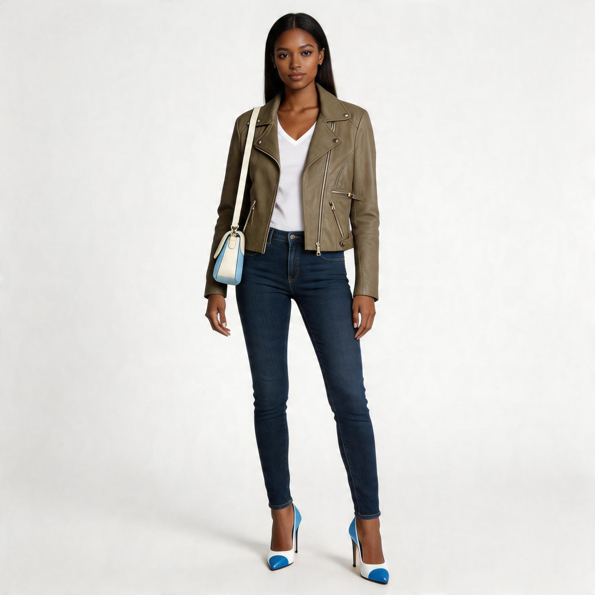 Ladies grey leather jacket.