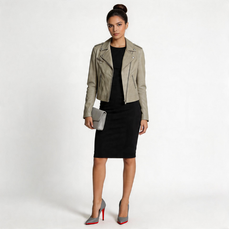 Ladies grey leather jacket.