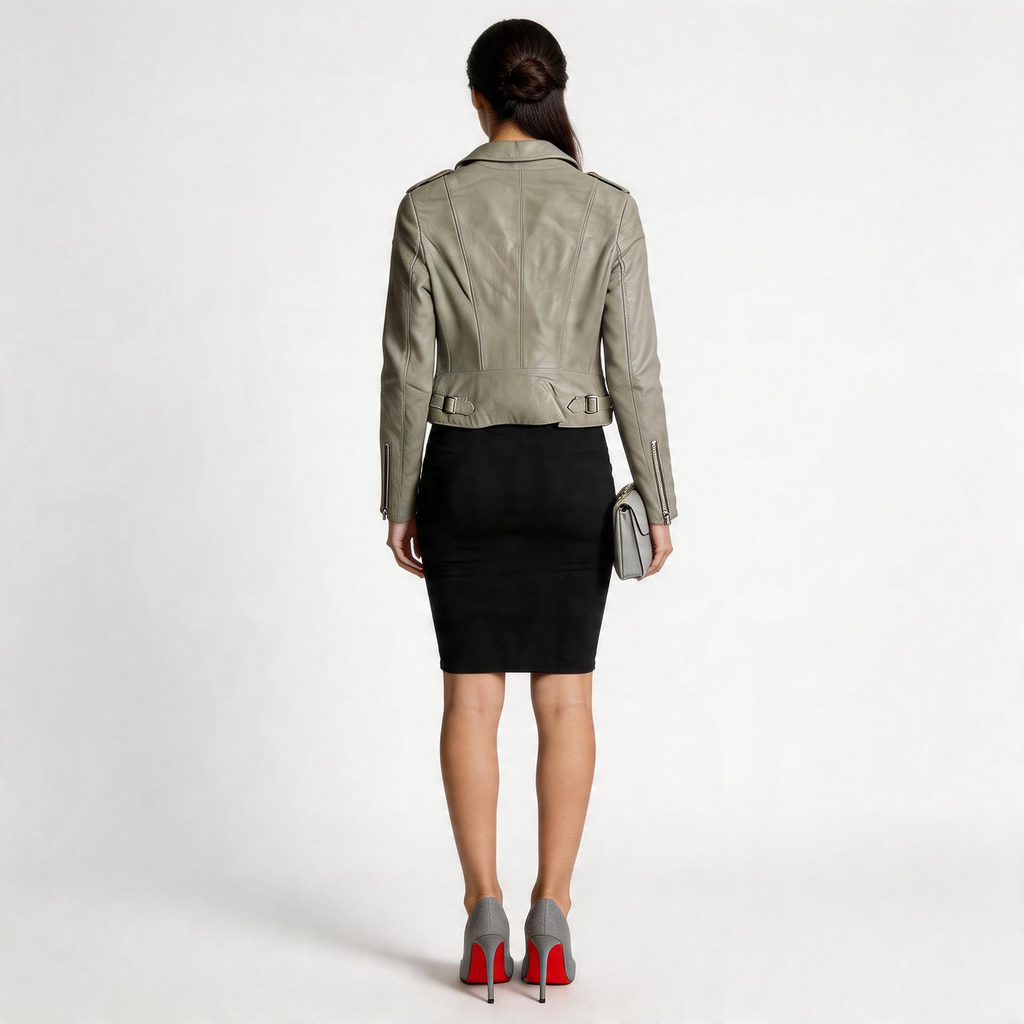 Ladies grey leather jacket.