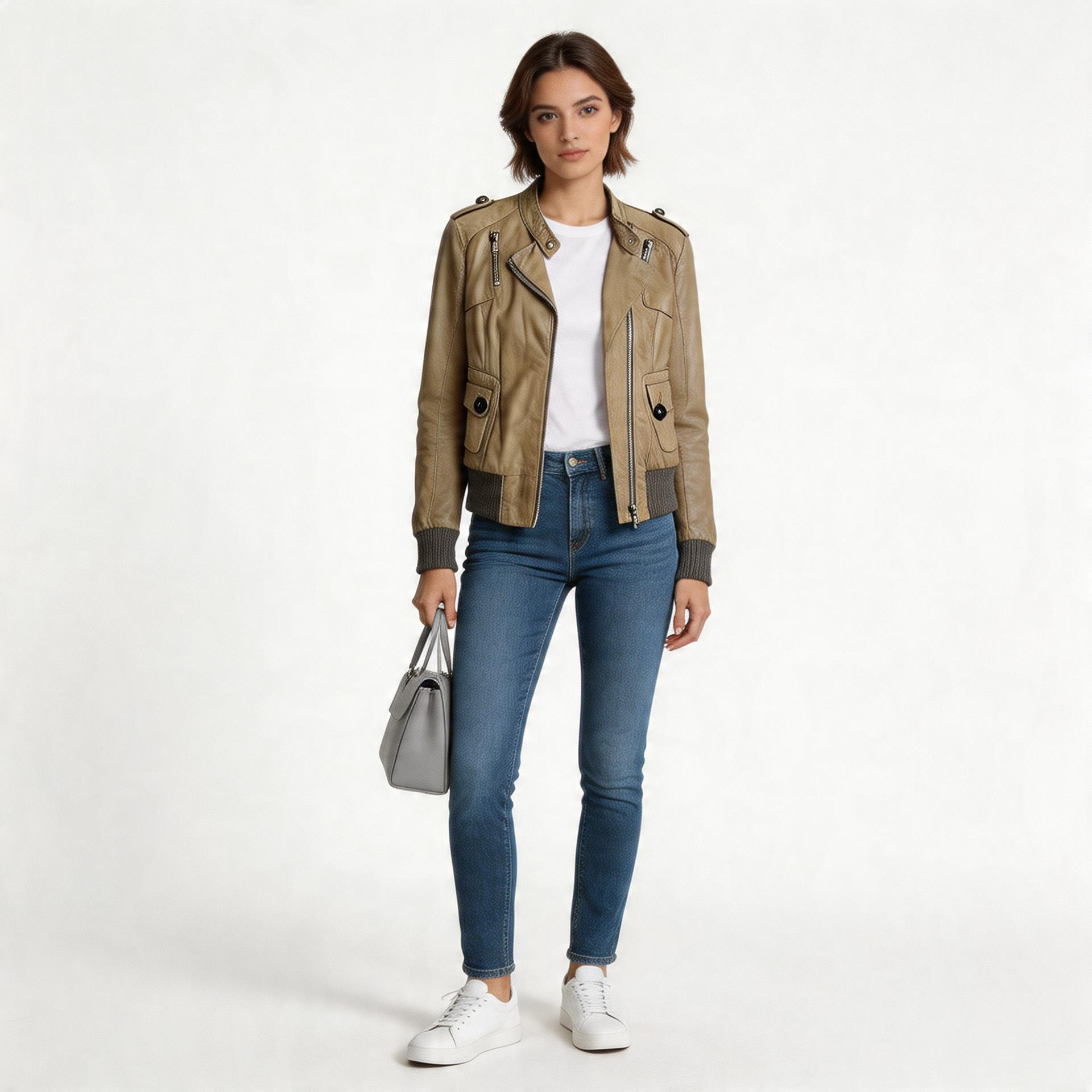 Ladies grey leather jacket.