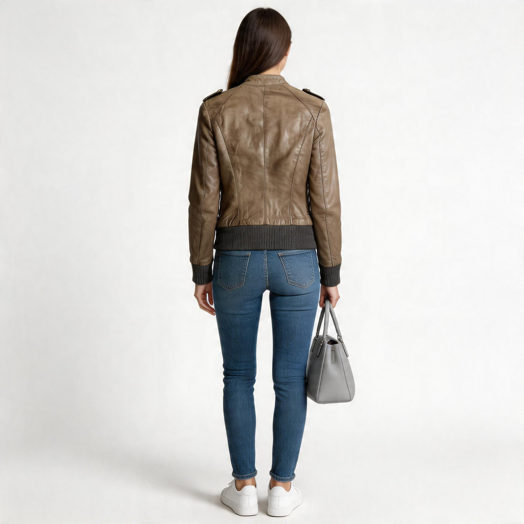 Ladies grey leather jacket.