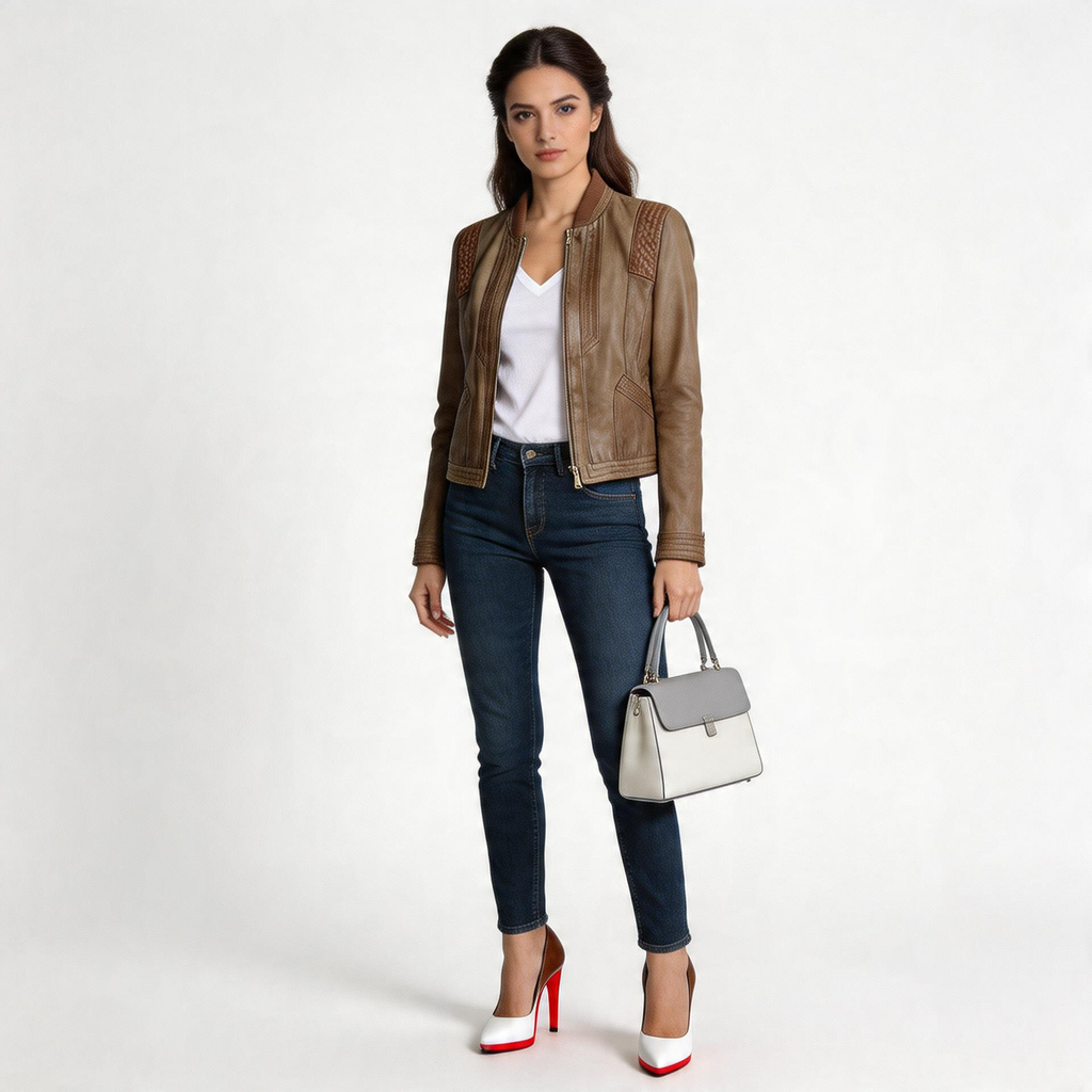 Ladies grey leather jacket.