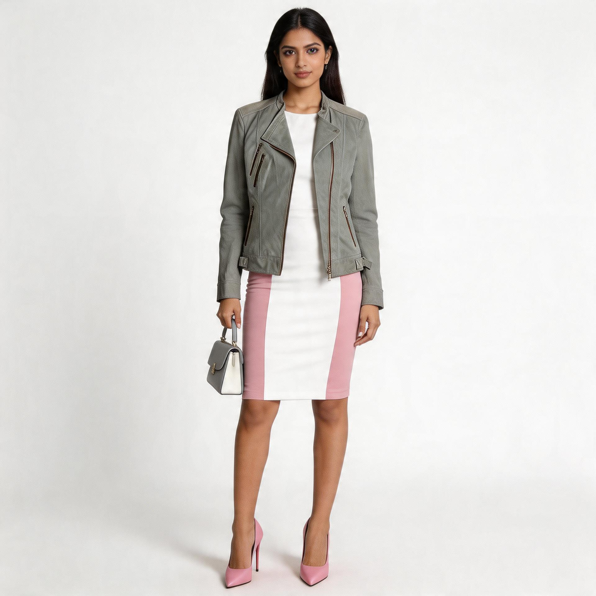 Ladies grey leather jacket.