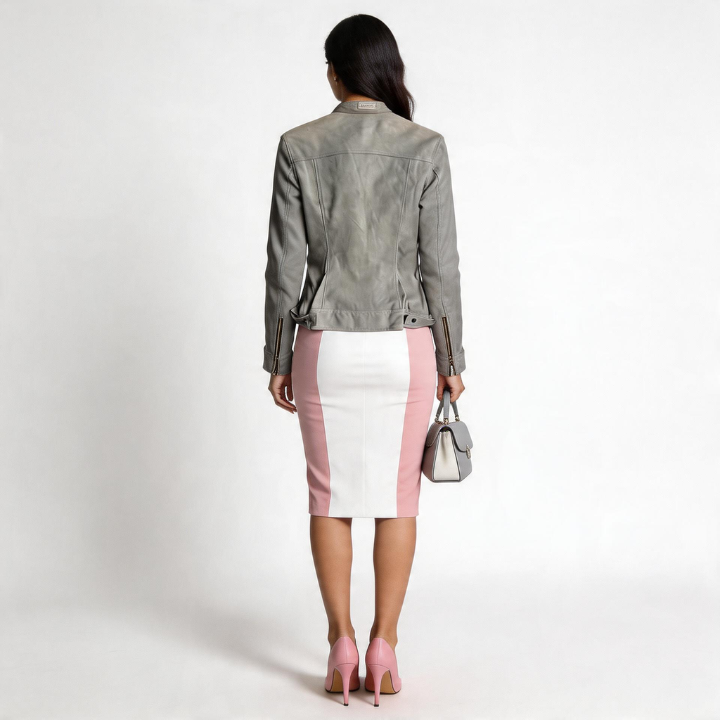 Ladies grey leather jacket.