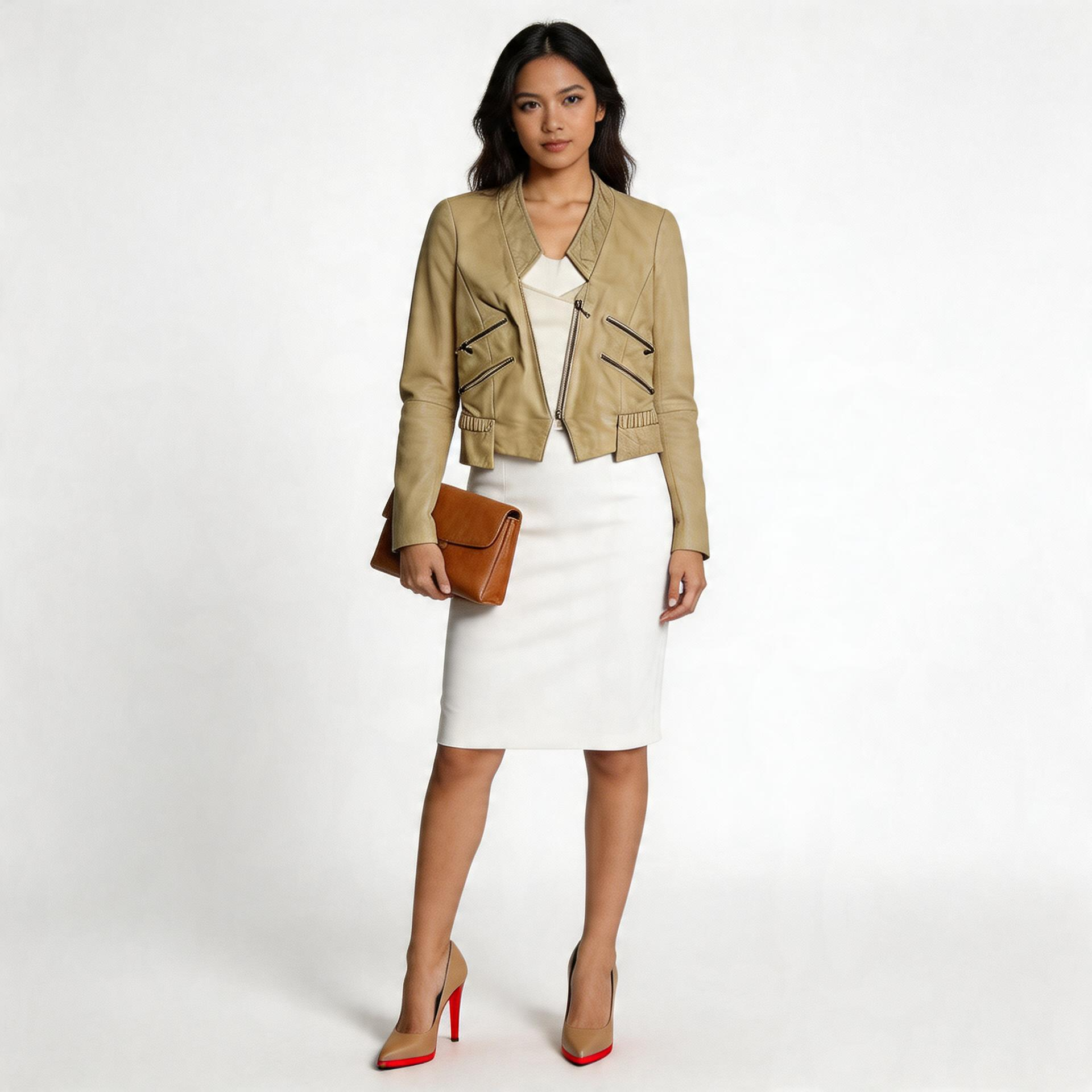 Ladies beige leather jacket.