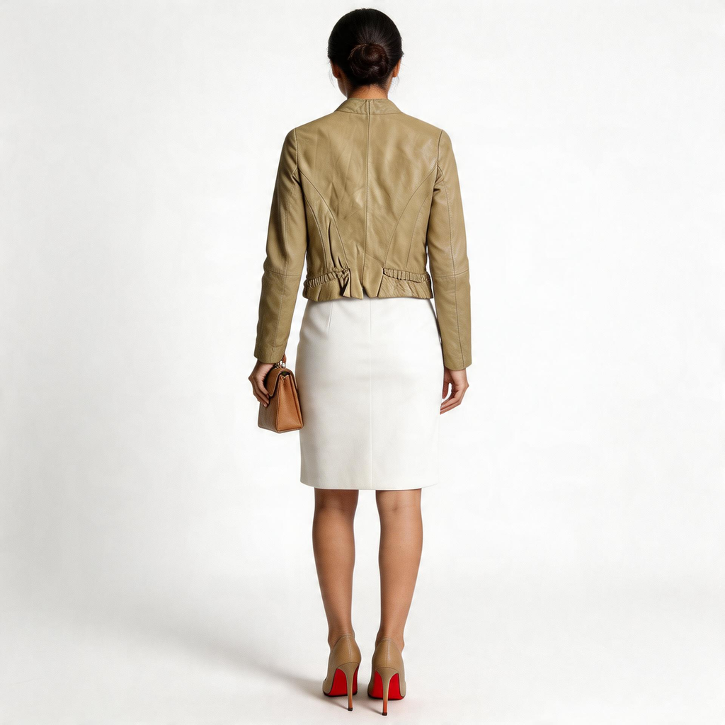 Ladies beige leather jacket.