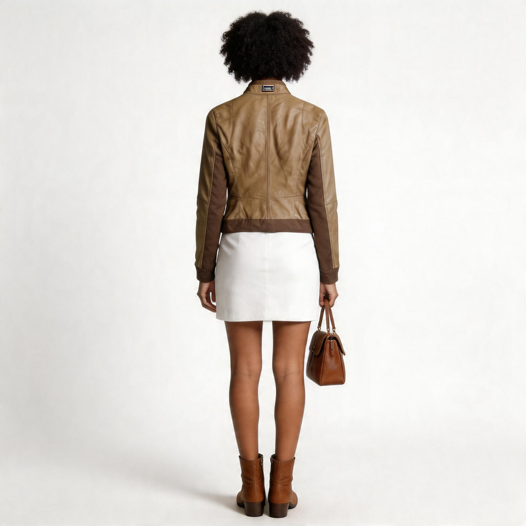 Ladies grey leather jacket.