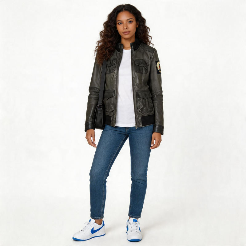 Ladies charcoal leather jacket.
