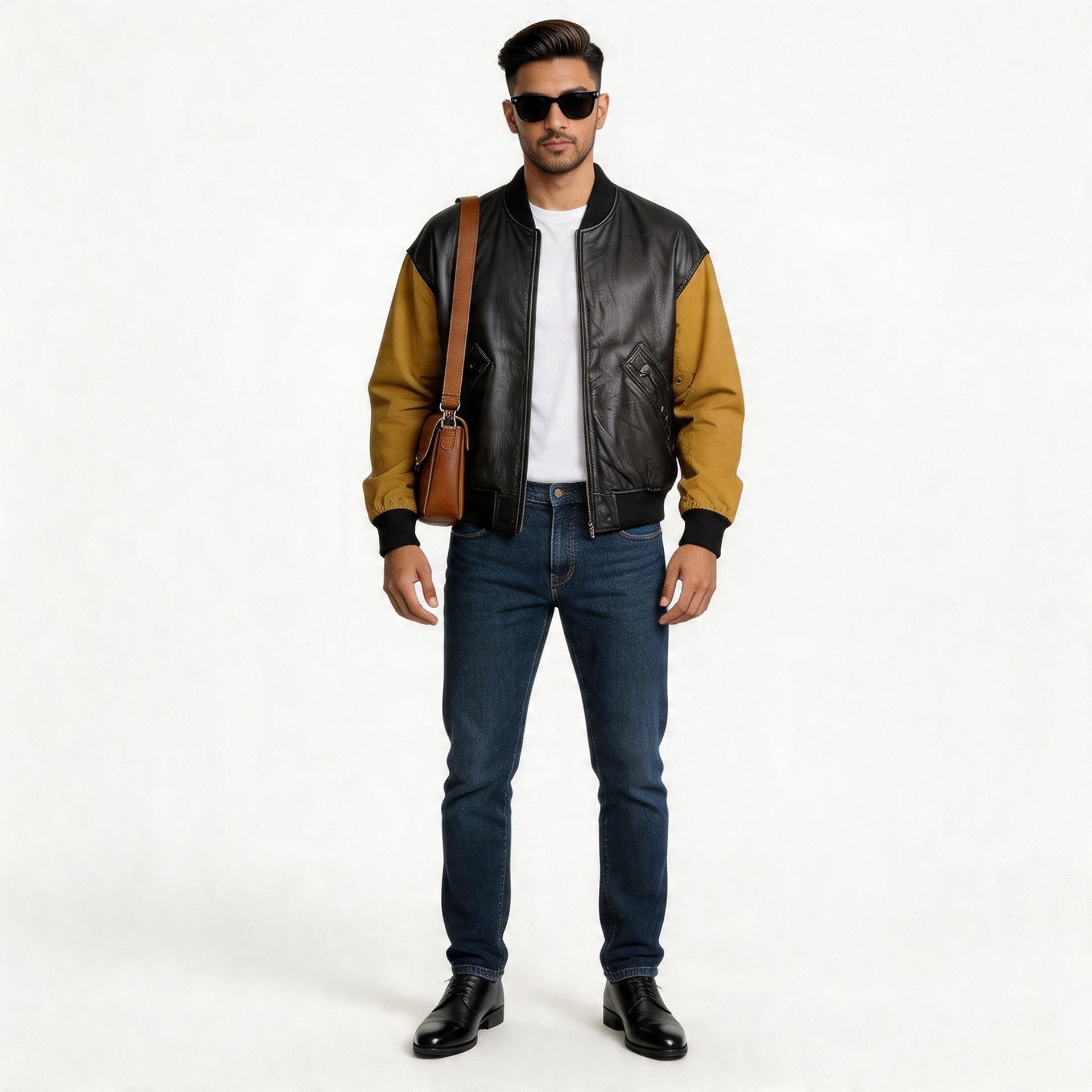 Black, Yellow & Green leather jacket for man.