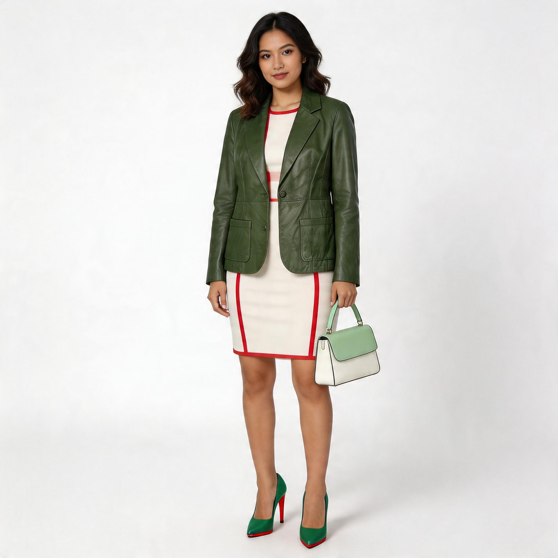 Ladies green leather jacket.