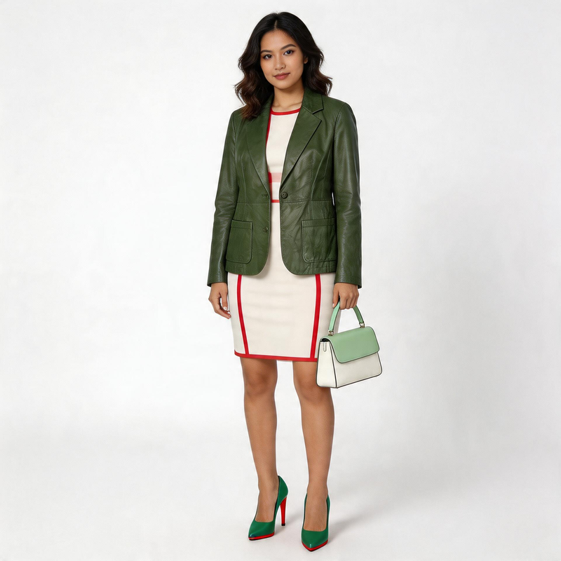 Ladies green leather jacket.