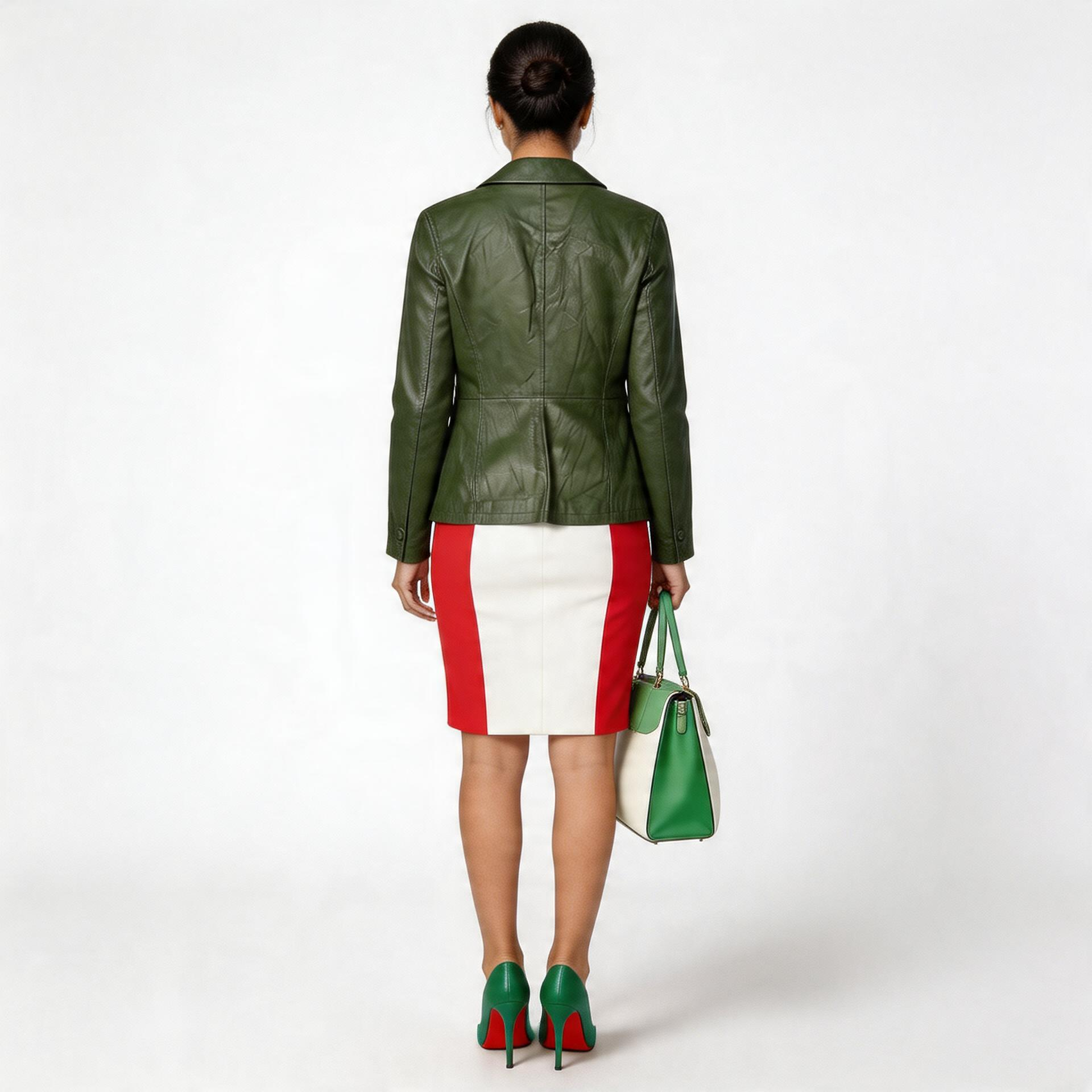Ladies green leather jacket.