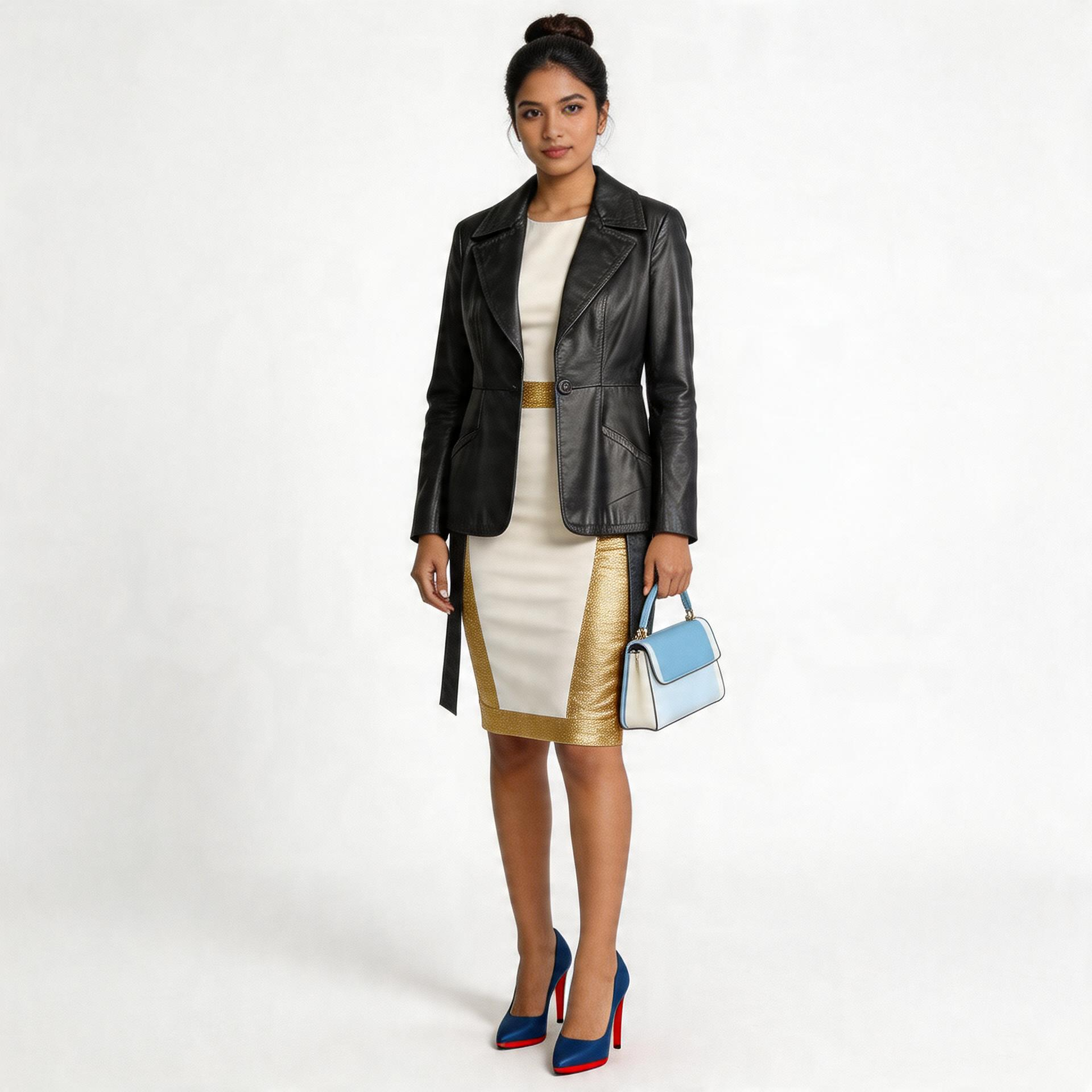 Ladies blue leather jacket.