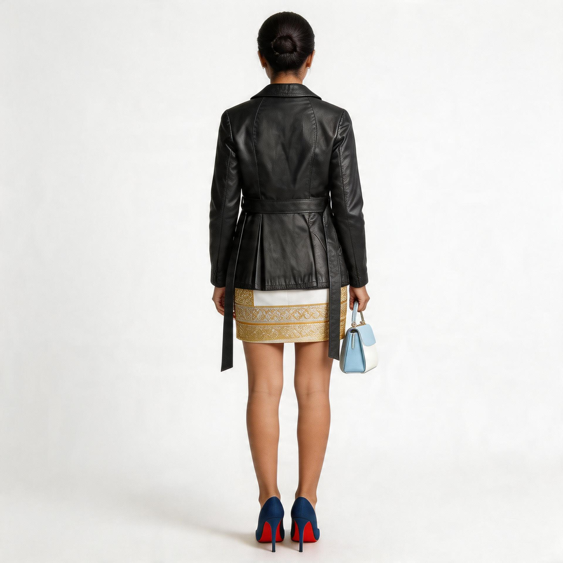 Ladies blue leather jacket.