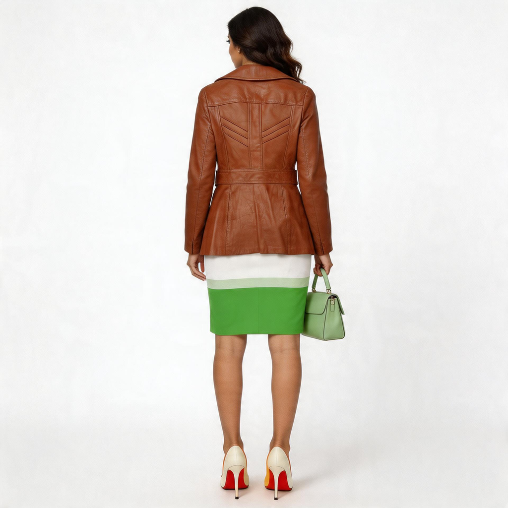 Ladies deep orange leather jacket.