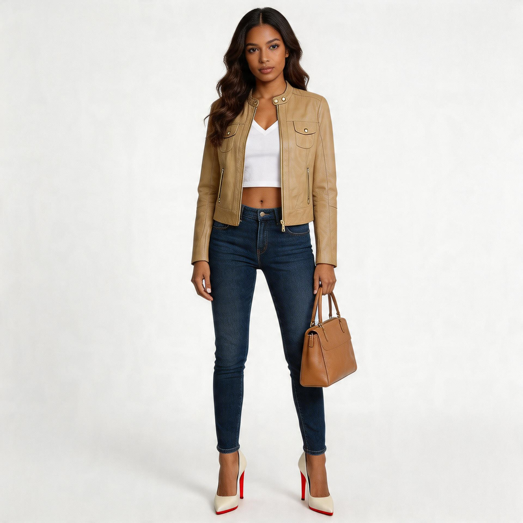 Brown leather jacket for ladies.