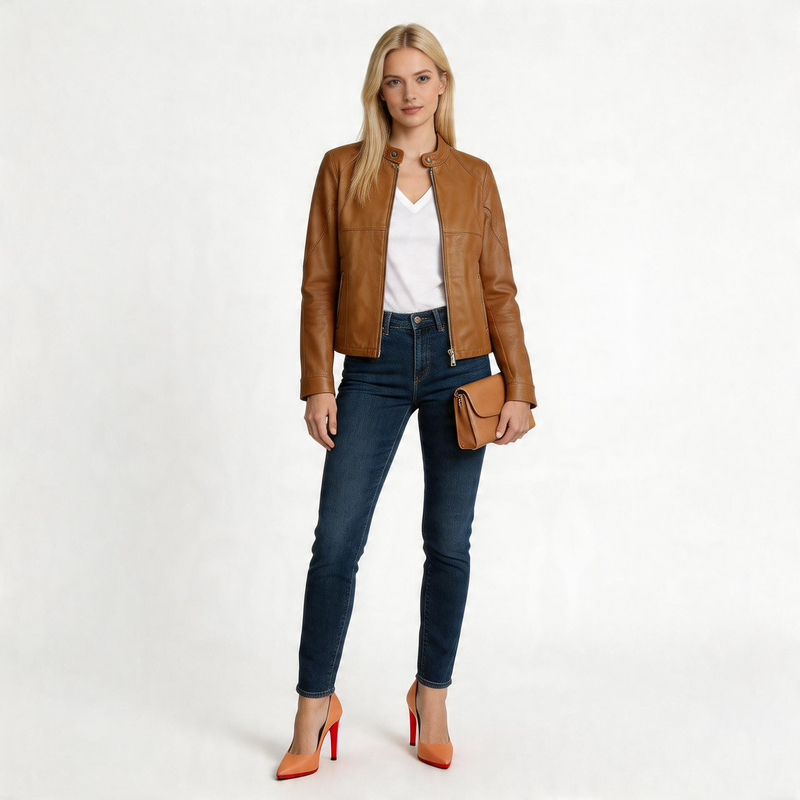 Brown leather jacket for ladies.