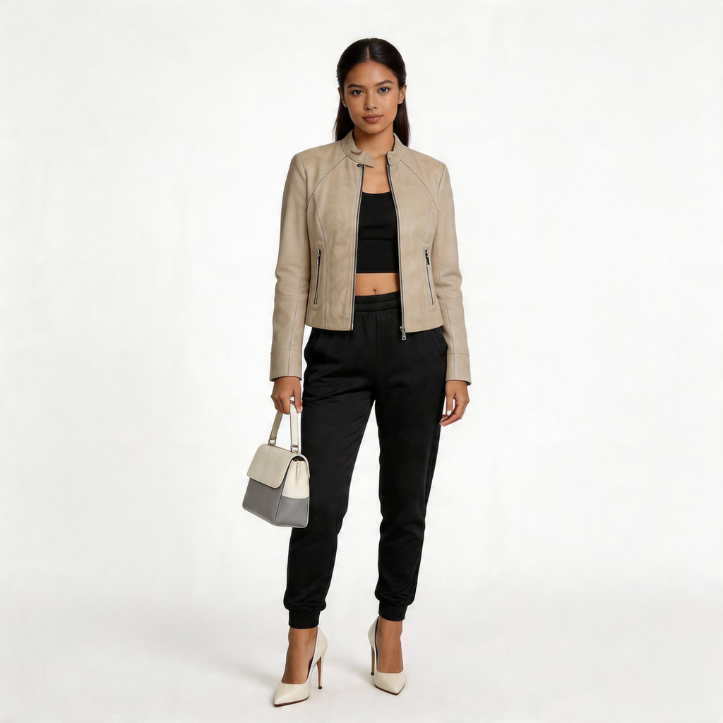 Ladies lite beige leather jacket.