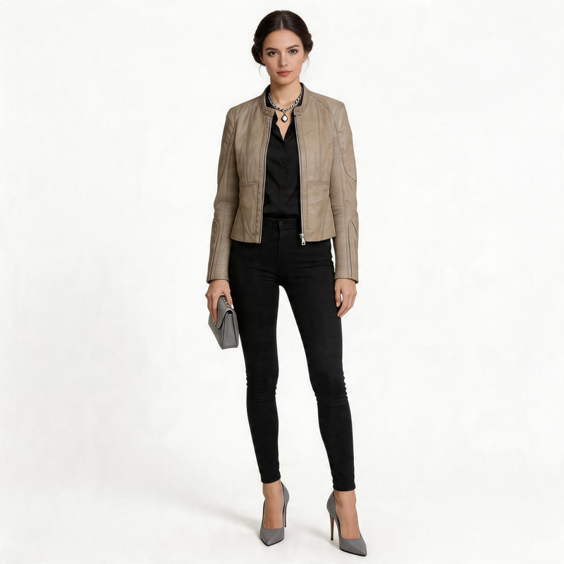 Ladies grey leather jacket.