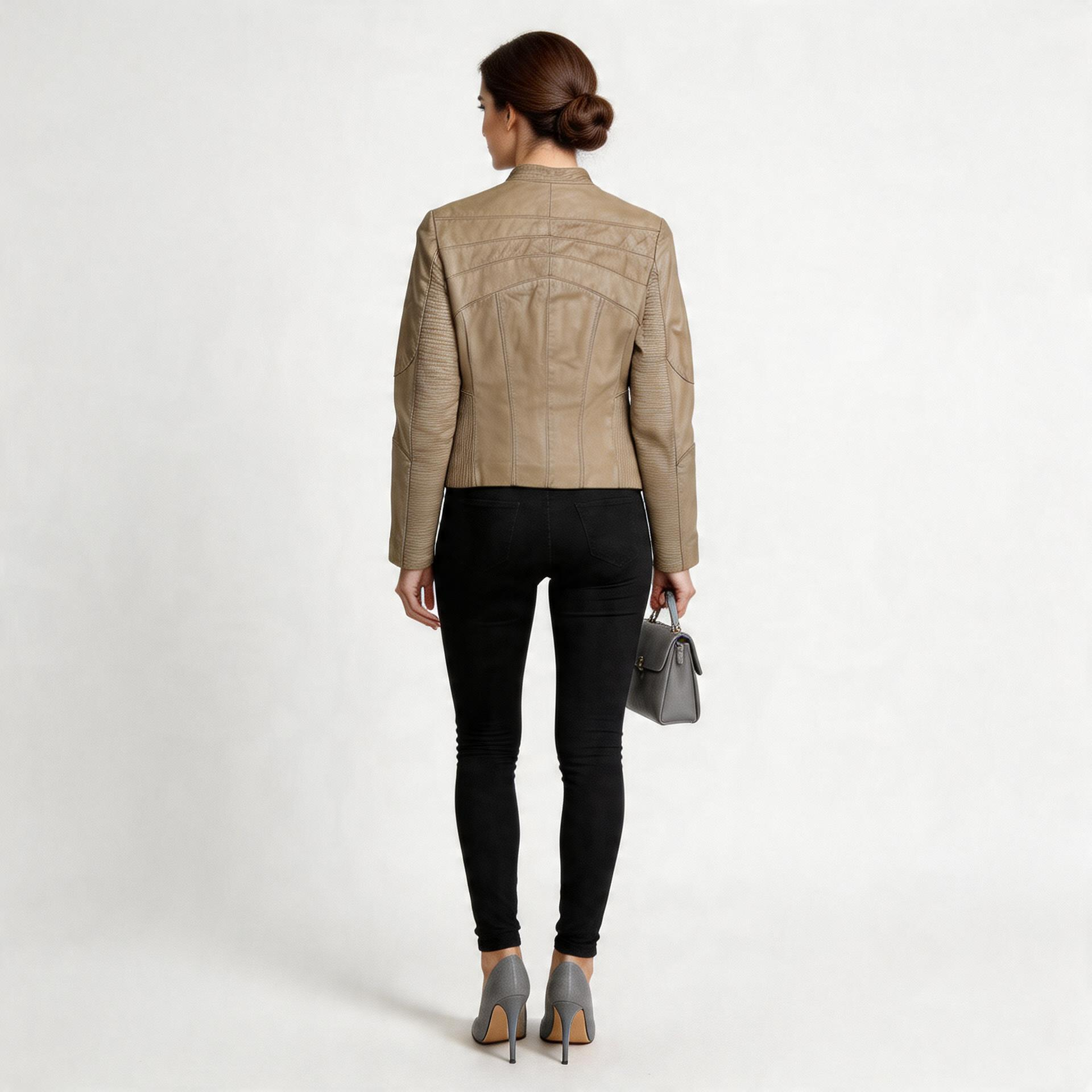 Ladies grey leather jacket.