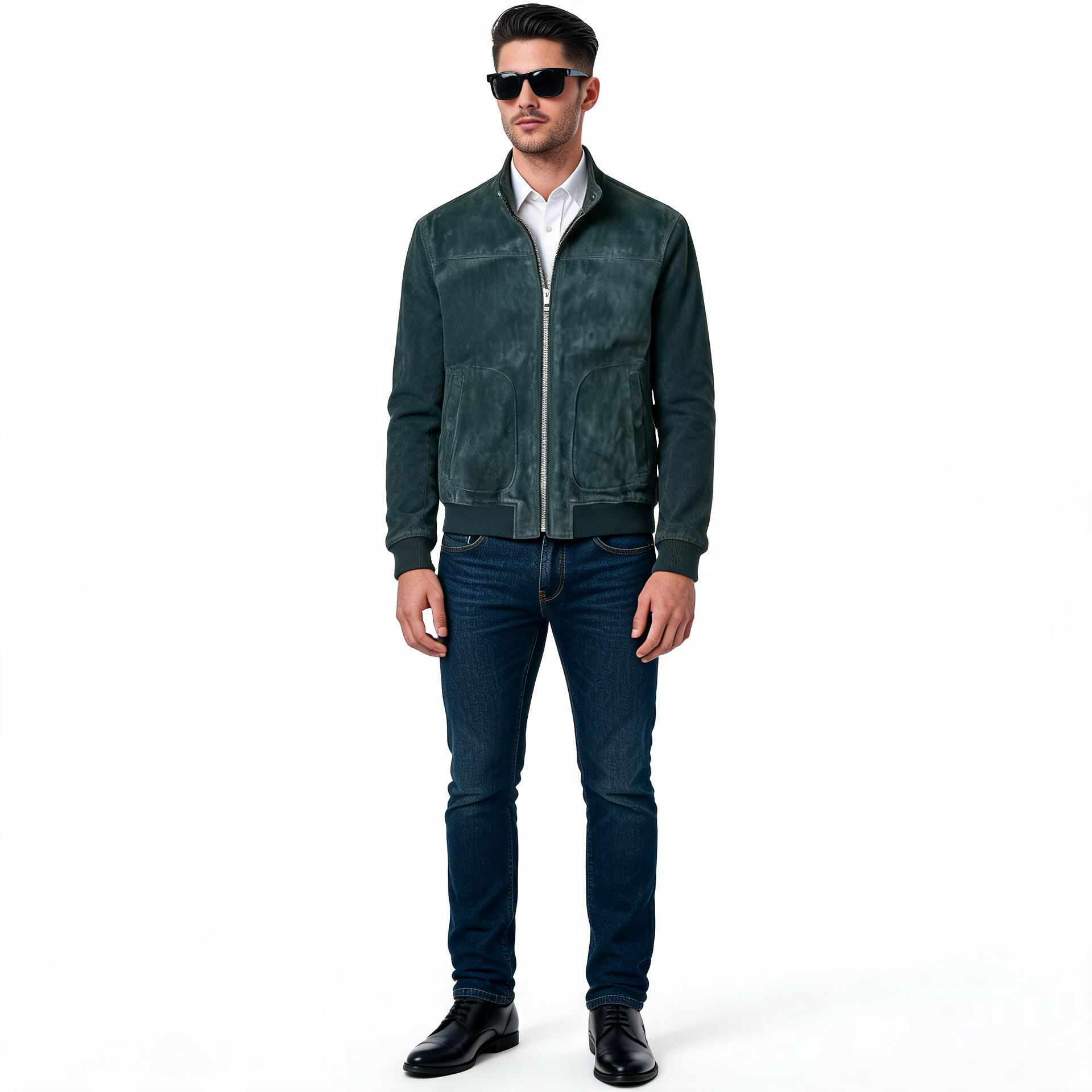 Navy blue leather jacket for man.