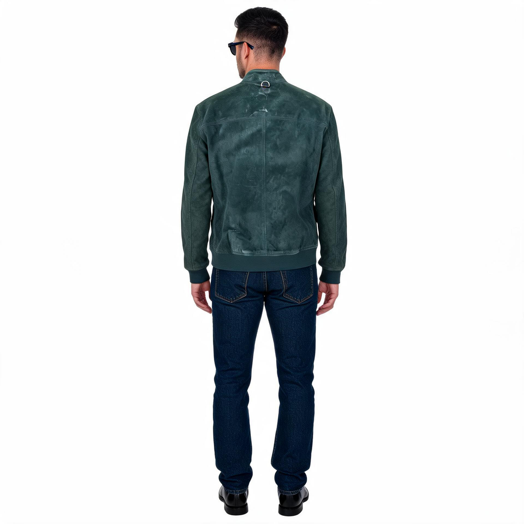 Navy blue leather jacket for man.