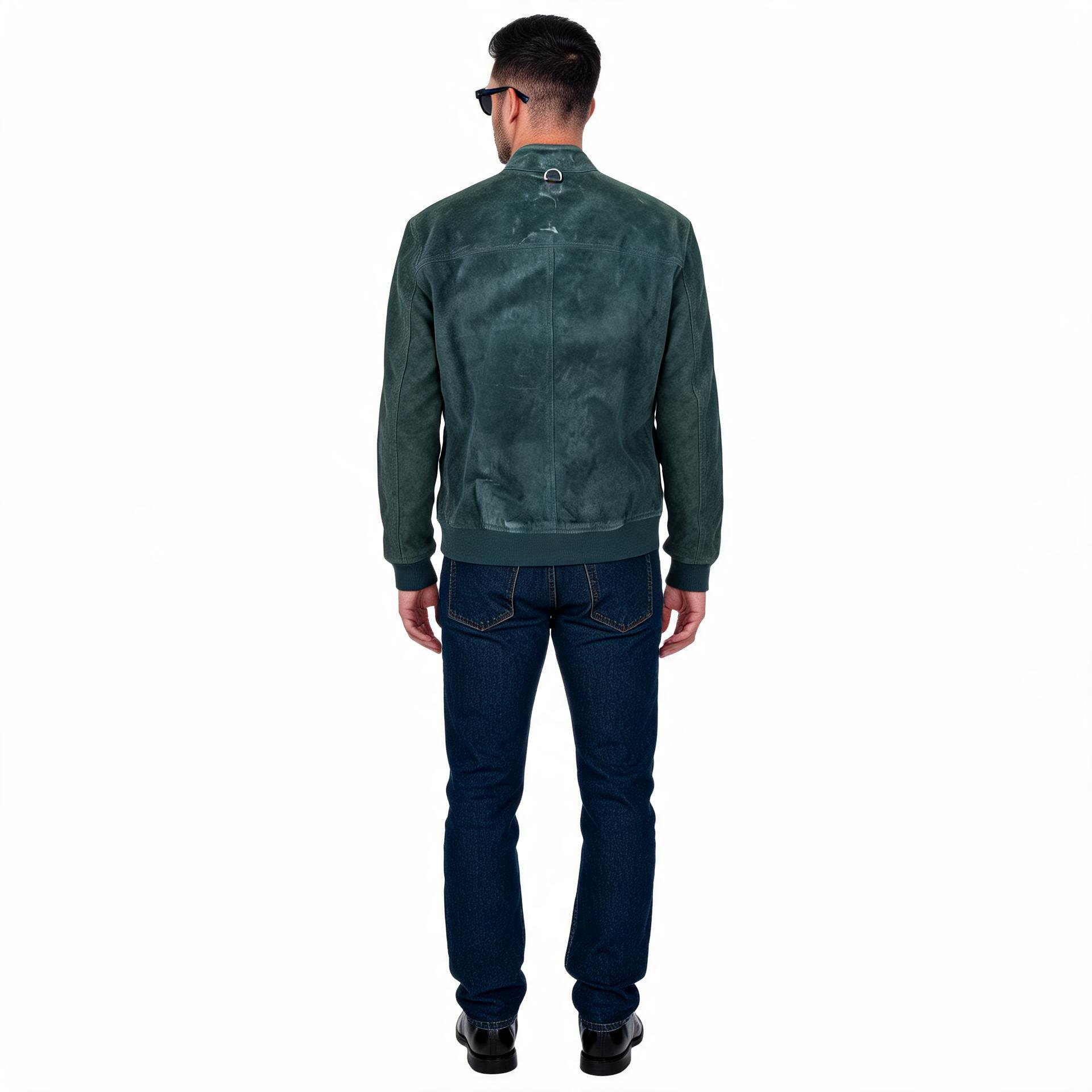 Navy blue leather jacket for man.