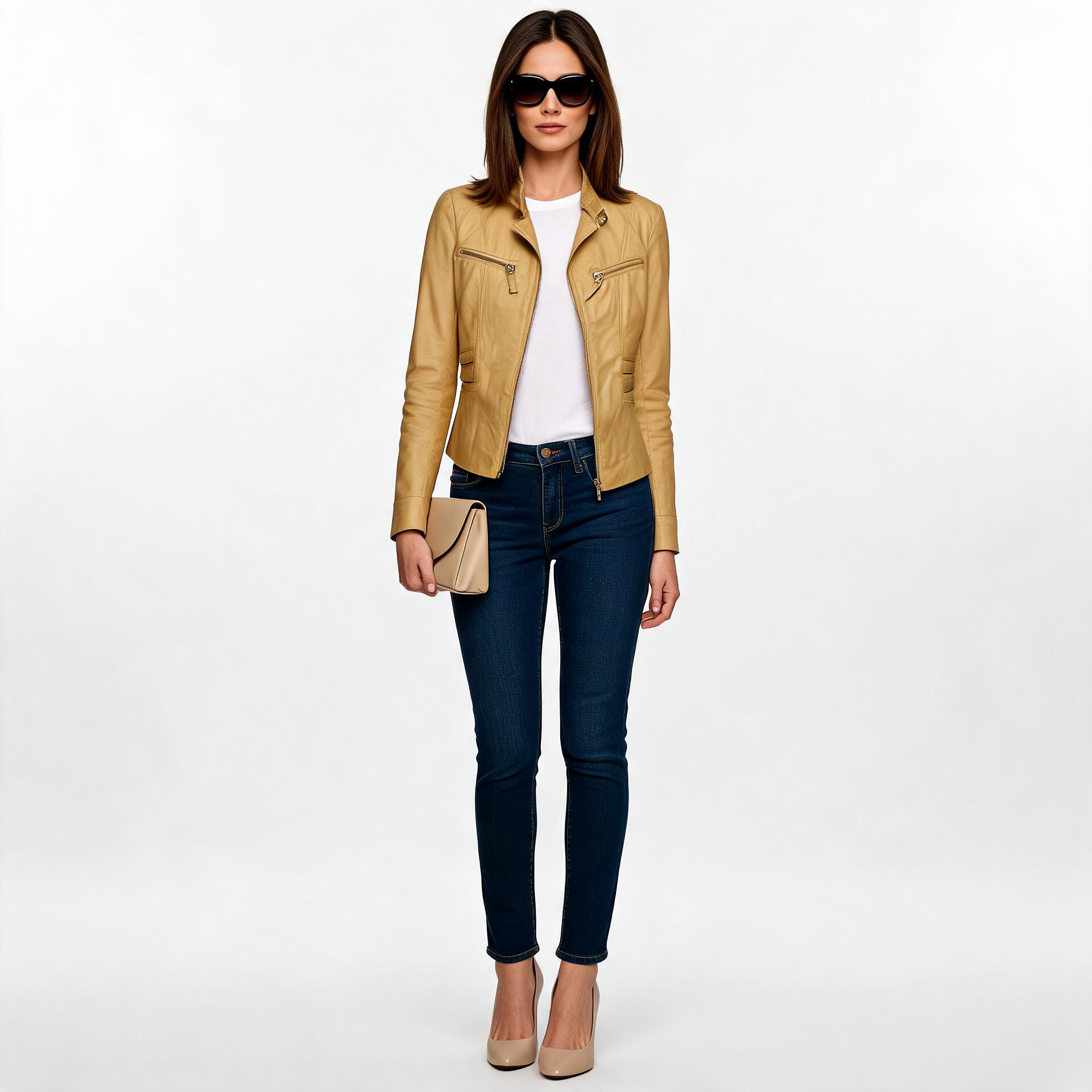 Ladies beige leather jacket.