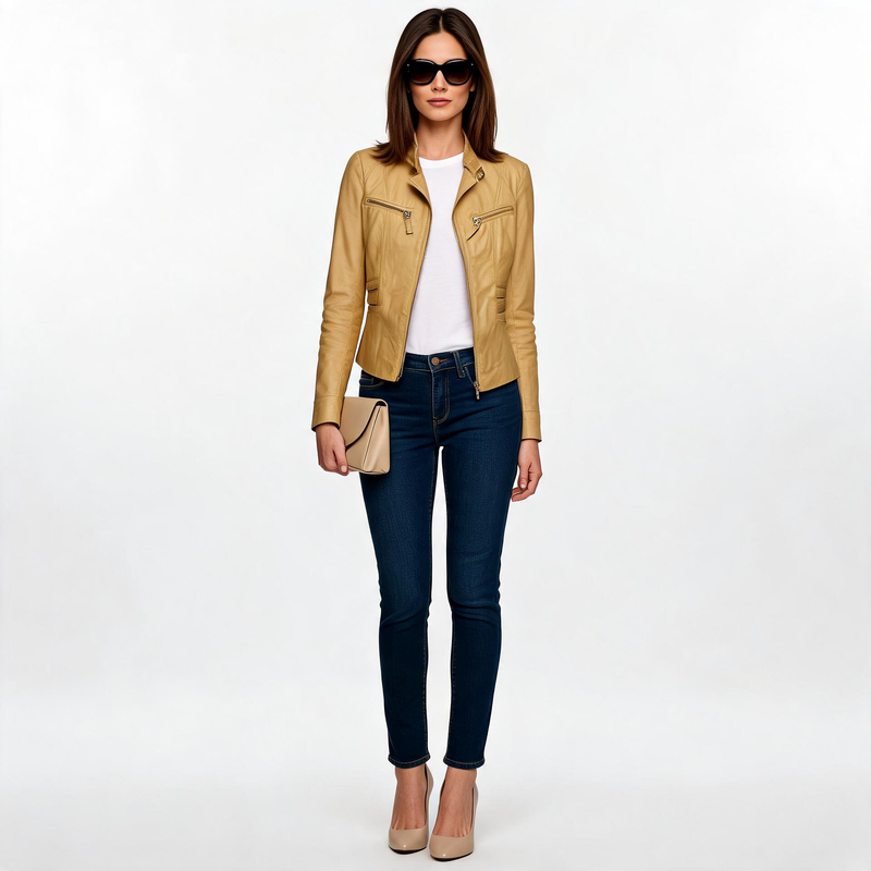 Ladies beige leather jacket.