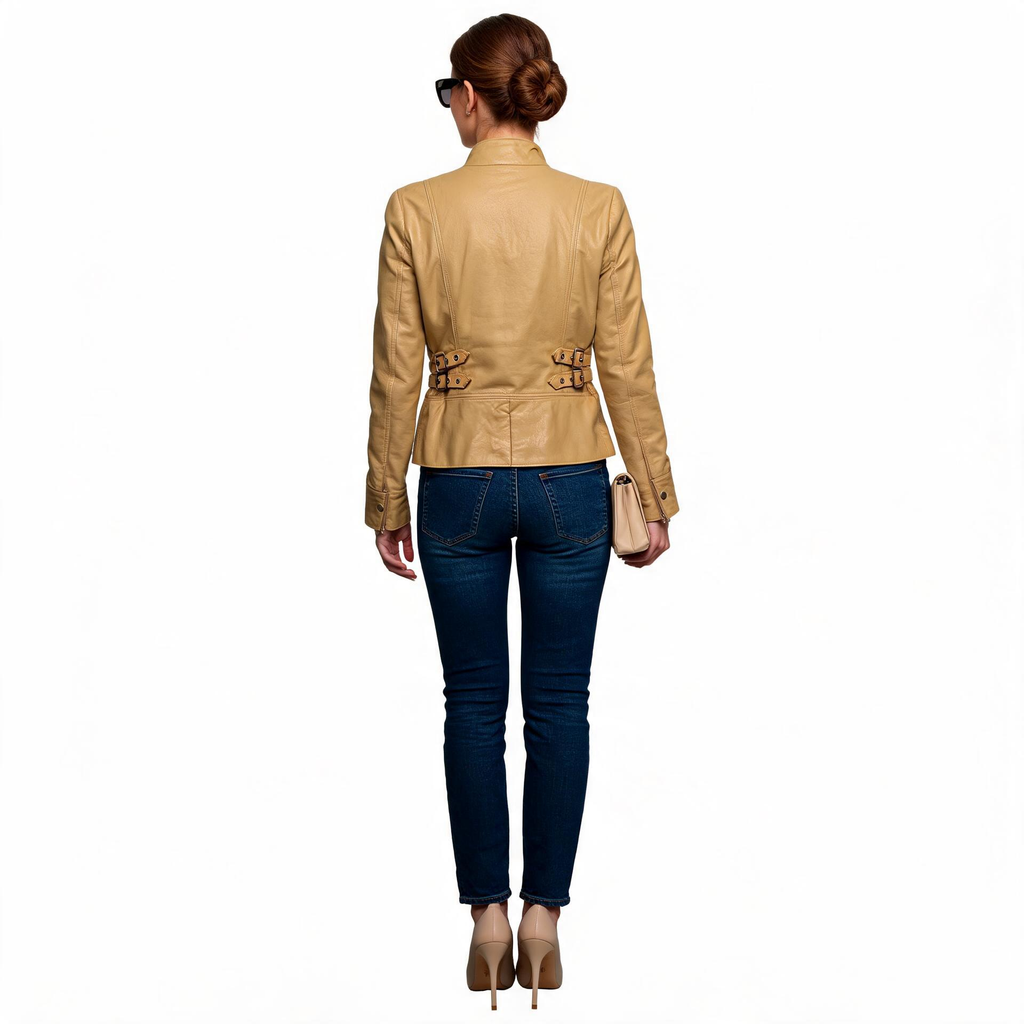 Ladies beige leather jacket.