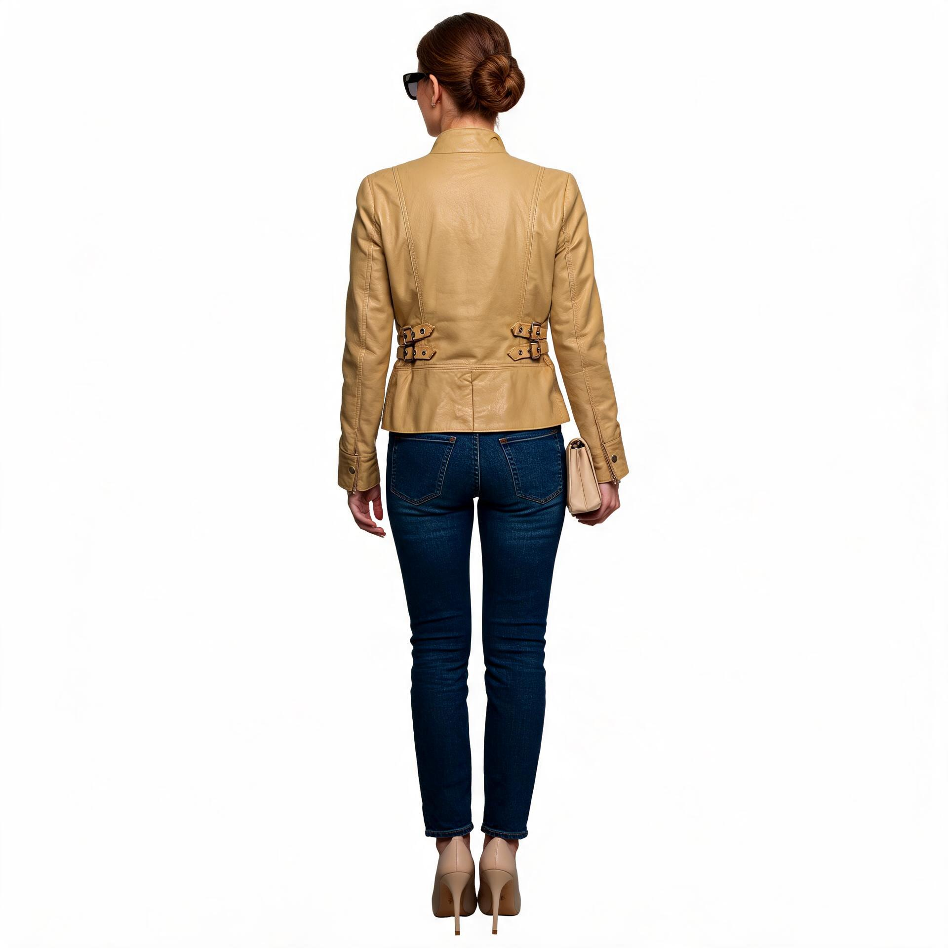 Ladies beige leather jacket.