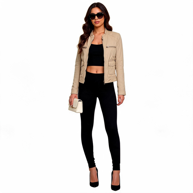 Ladies lite beige leather jacket.