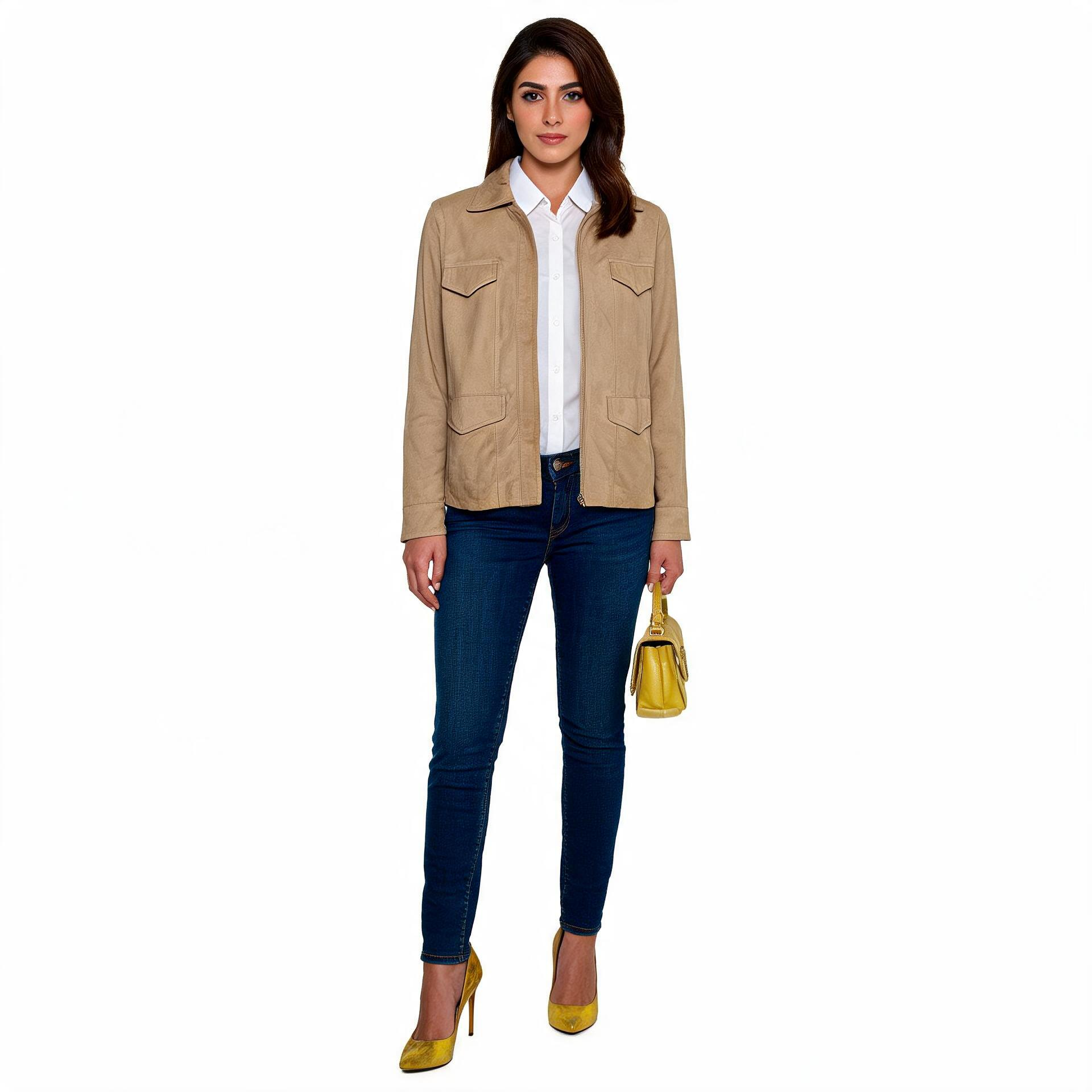 Ladies yellow leather jacket.