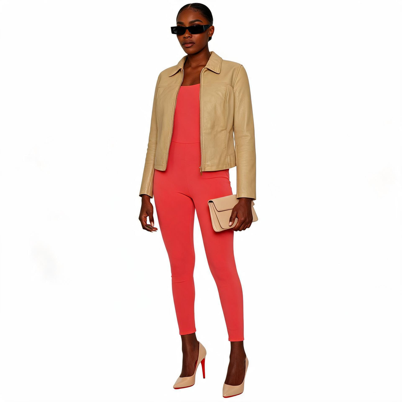 Ladies cream white leather jacket.