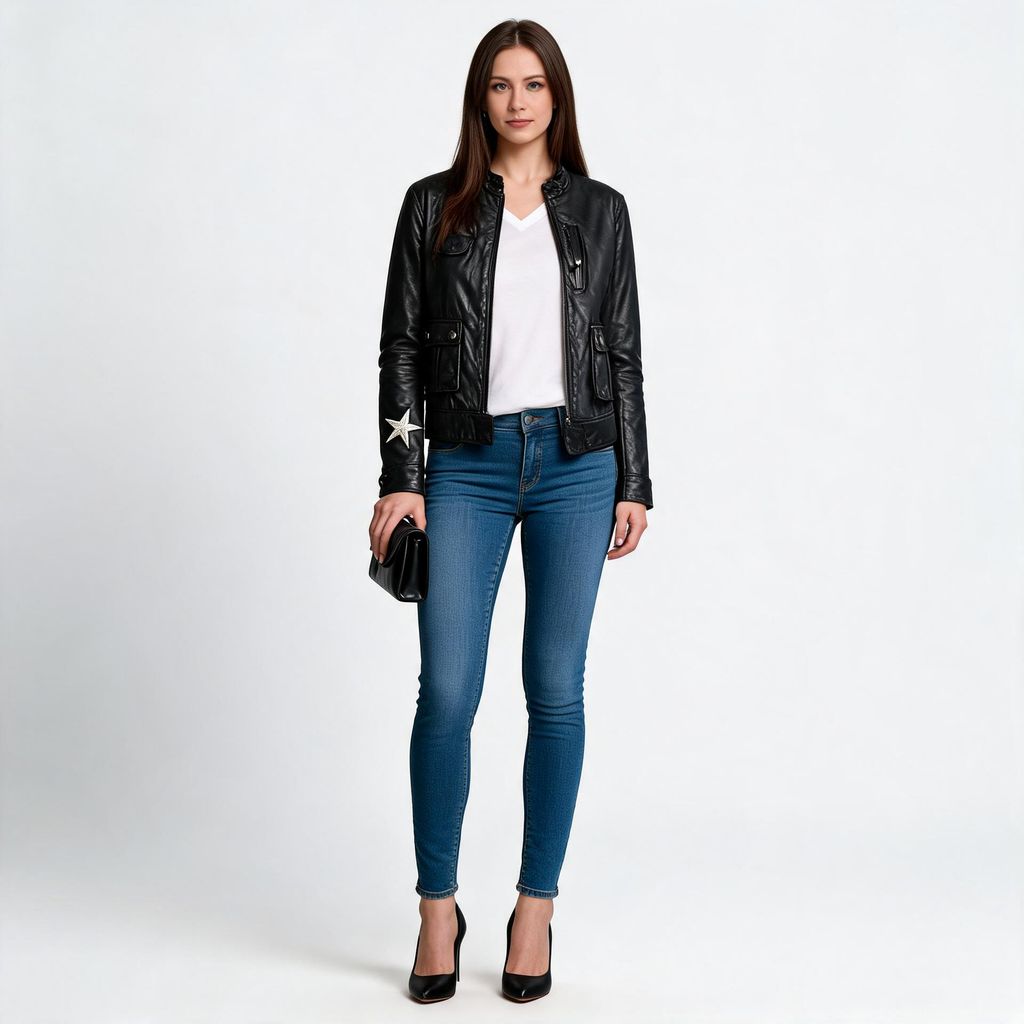 Ladies black leather jacket.