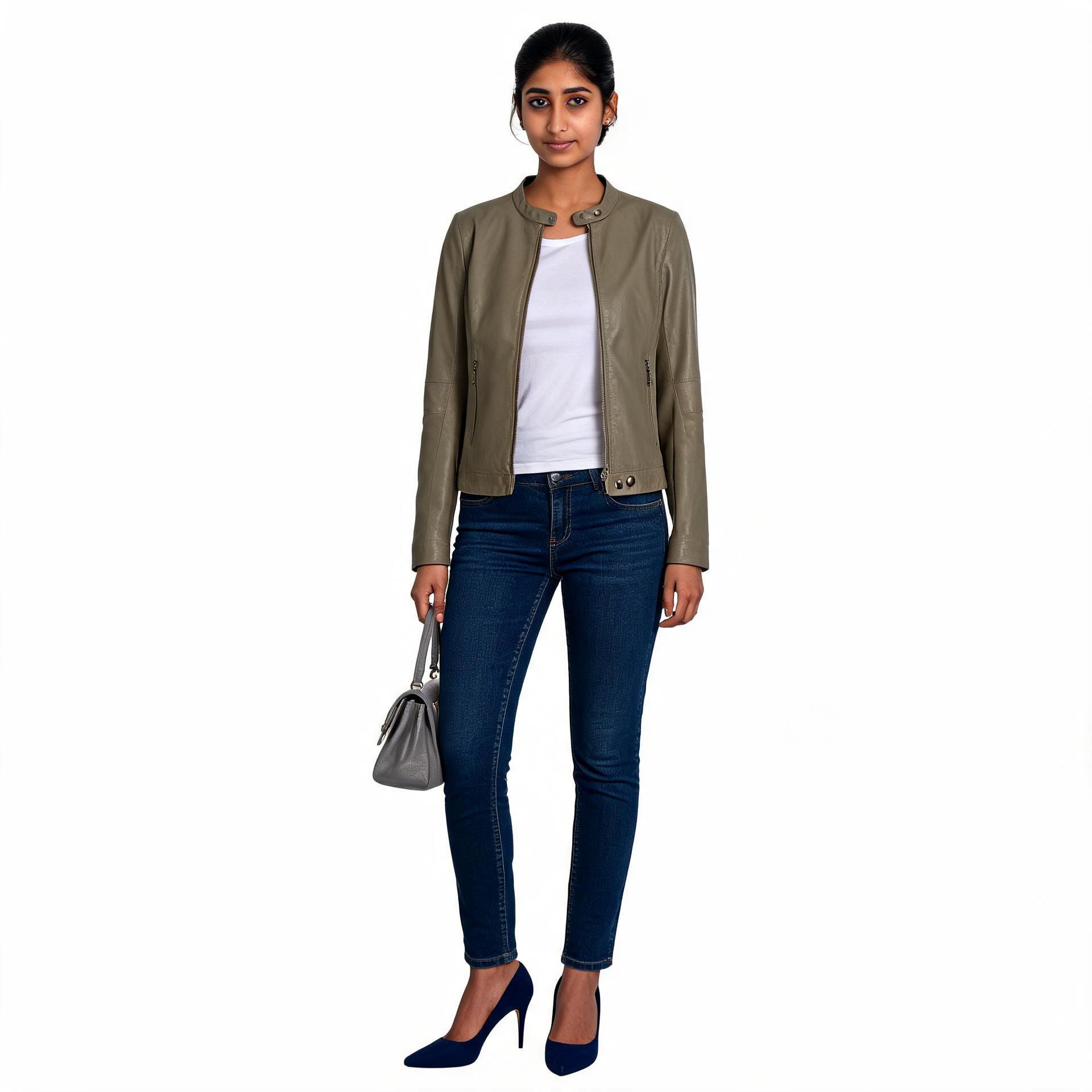 Ladies grey leather jacket.