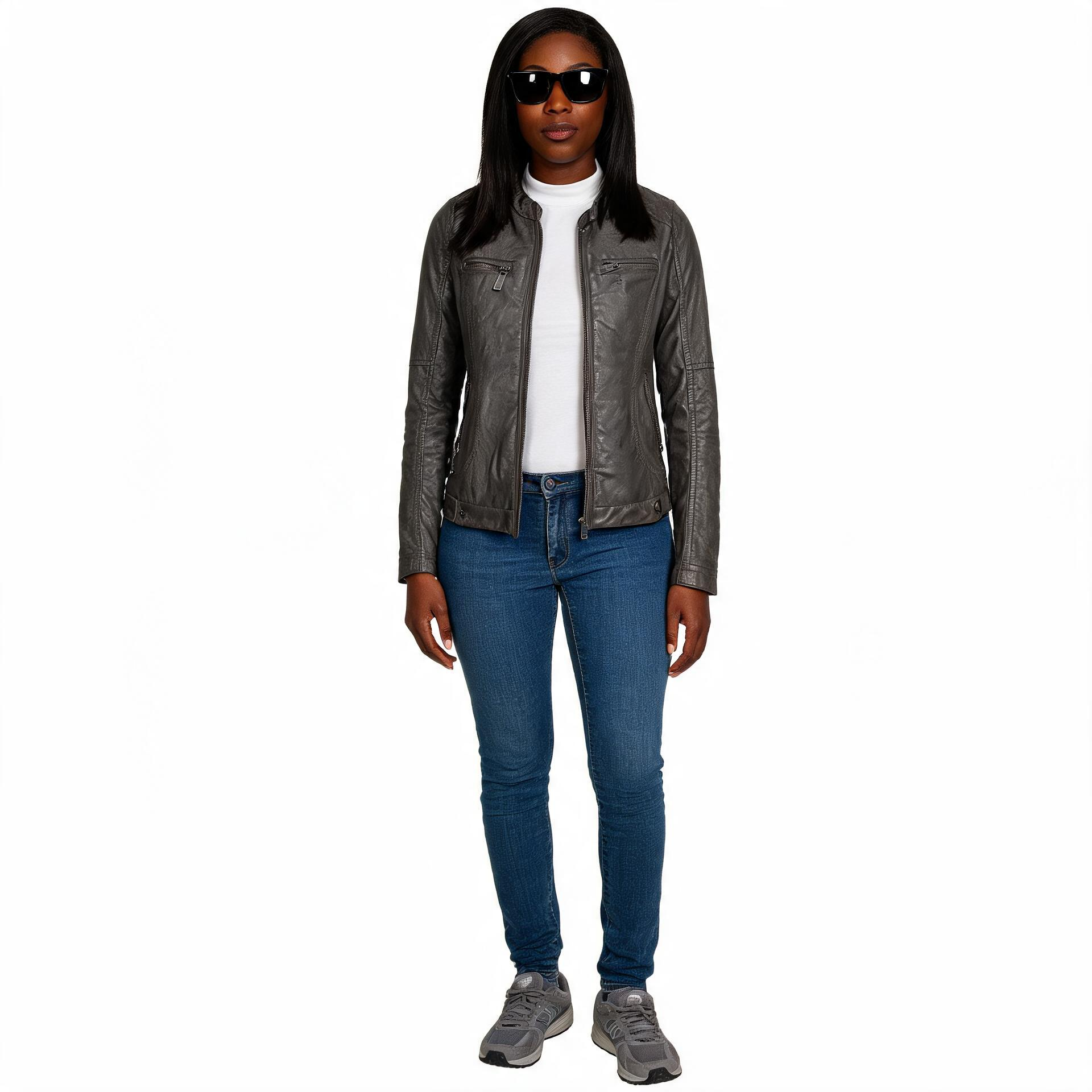 Grey leather jacket for ladies.