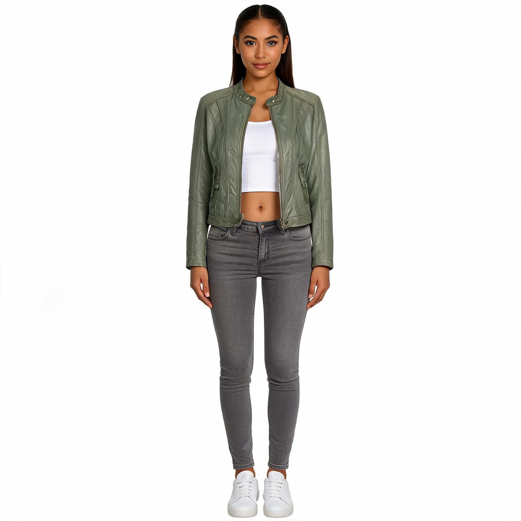 Ladies grey leather jacket.